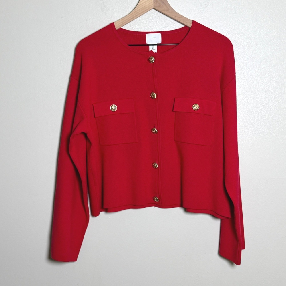 H&M Womens Cardigan M Red Gold Crest Button Front Pocket Knit Preppy Old Money